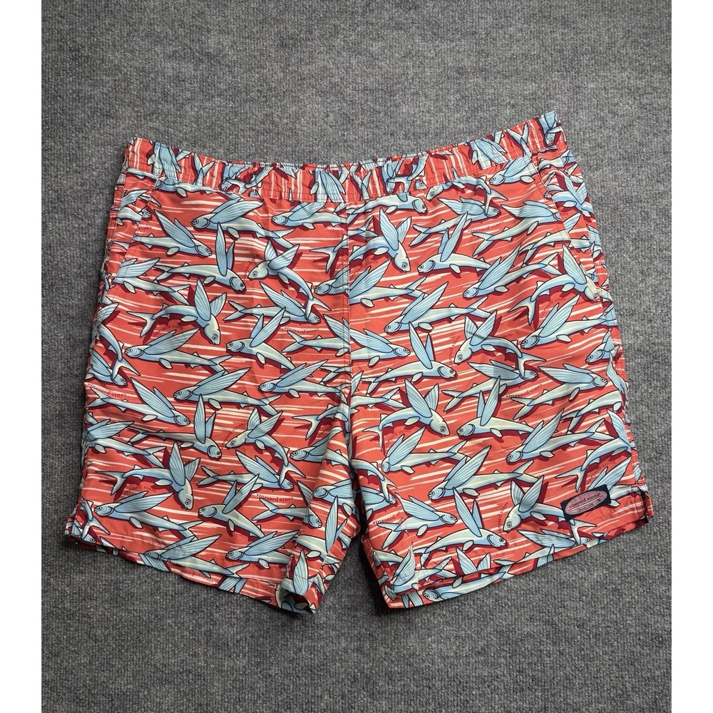 Vineyard Vines men's Red Blue Fish Print lined swim shorts trunks Size L